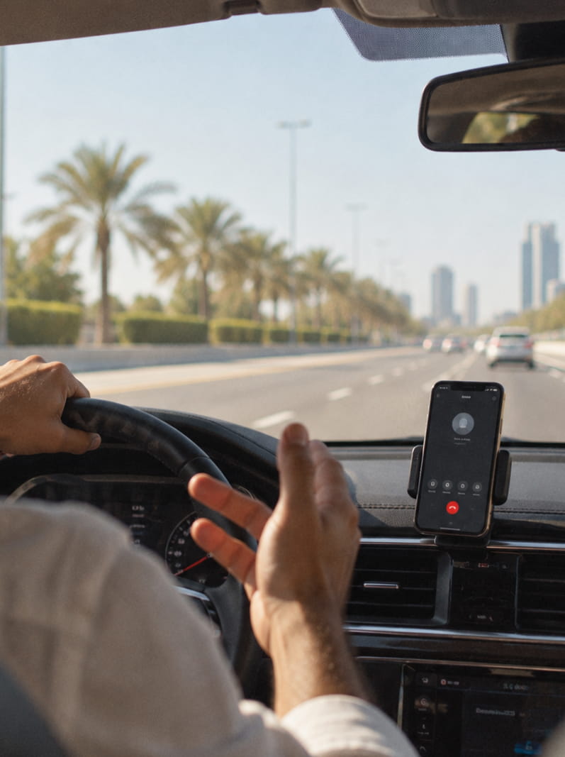 A driver on a palm-lined highway, one hand on the wheel and one gesturing mid-conversation, his phone in a dashboard mount.