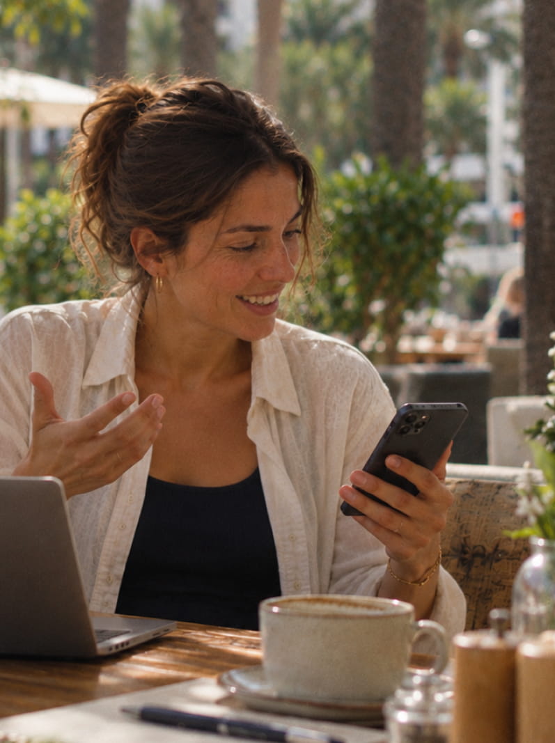 A woman at a café table with her laptop open, smiling and gesturing as she talks on her phone.